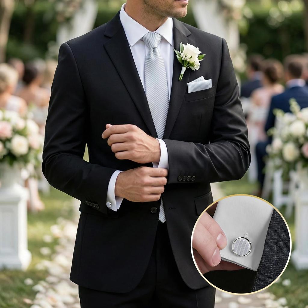 [OSIIT OSU] Hochzeitskrawatte Seide [4-teiliges Set mit Einstecktuch, Krawattennadel & Manschettenknöpfen] Geschenkbox Formell Marke Herren Gestreift Waschbar Einheitsgröße Breite 8,5 cm