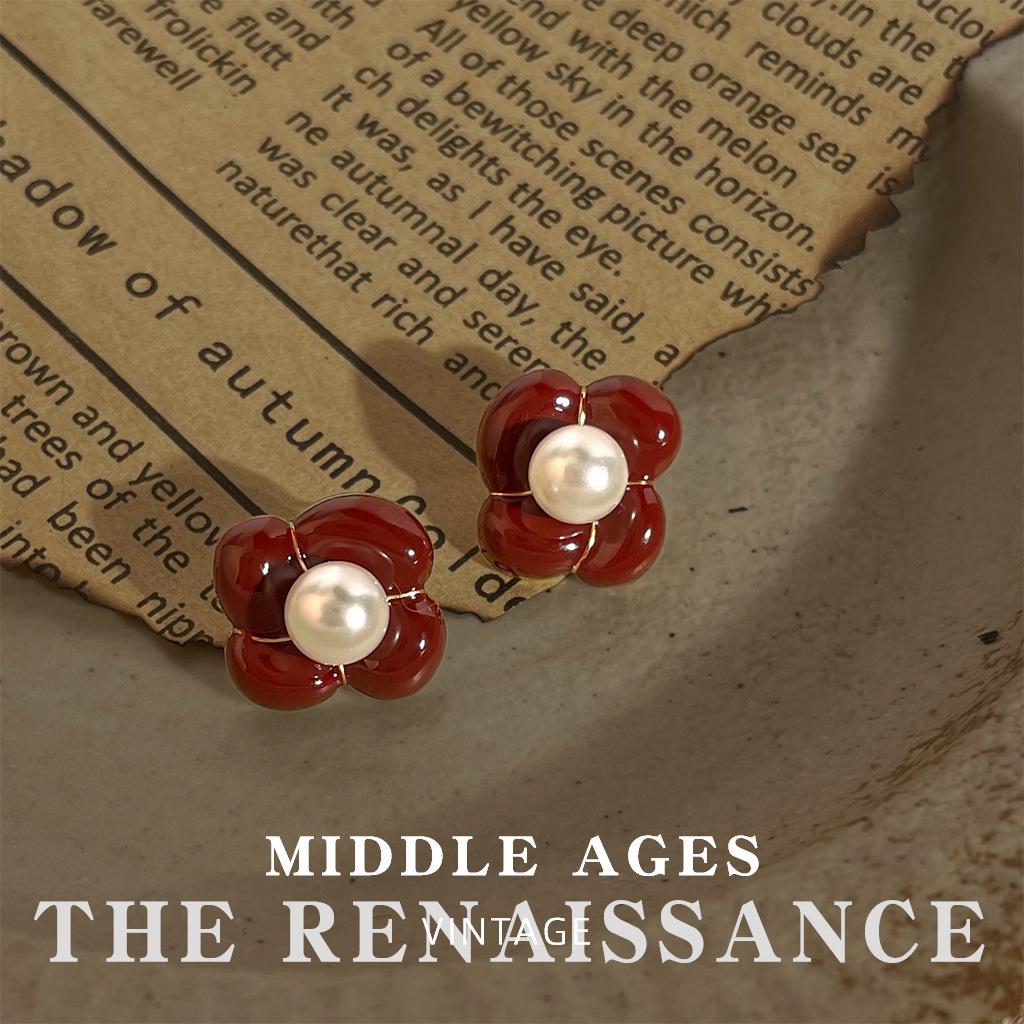 Vintage Burgundy Red Enamel Drop Earrings - Retro French Style Studs