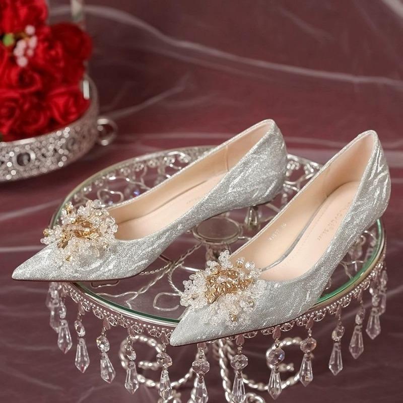 High heels women's thin heels pointed wedding shoes silver feeling not tired feet bride shoes Hexiu wedding dress two wear