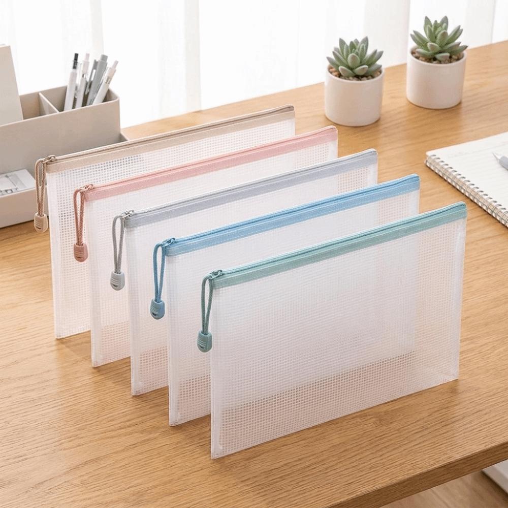 Waterproof Mesh Zipper Bags A4 Size File Pouch Essential Plastic File Organizer School