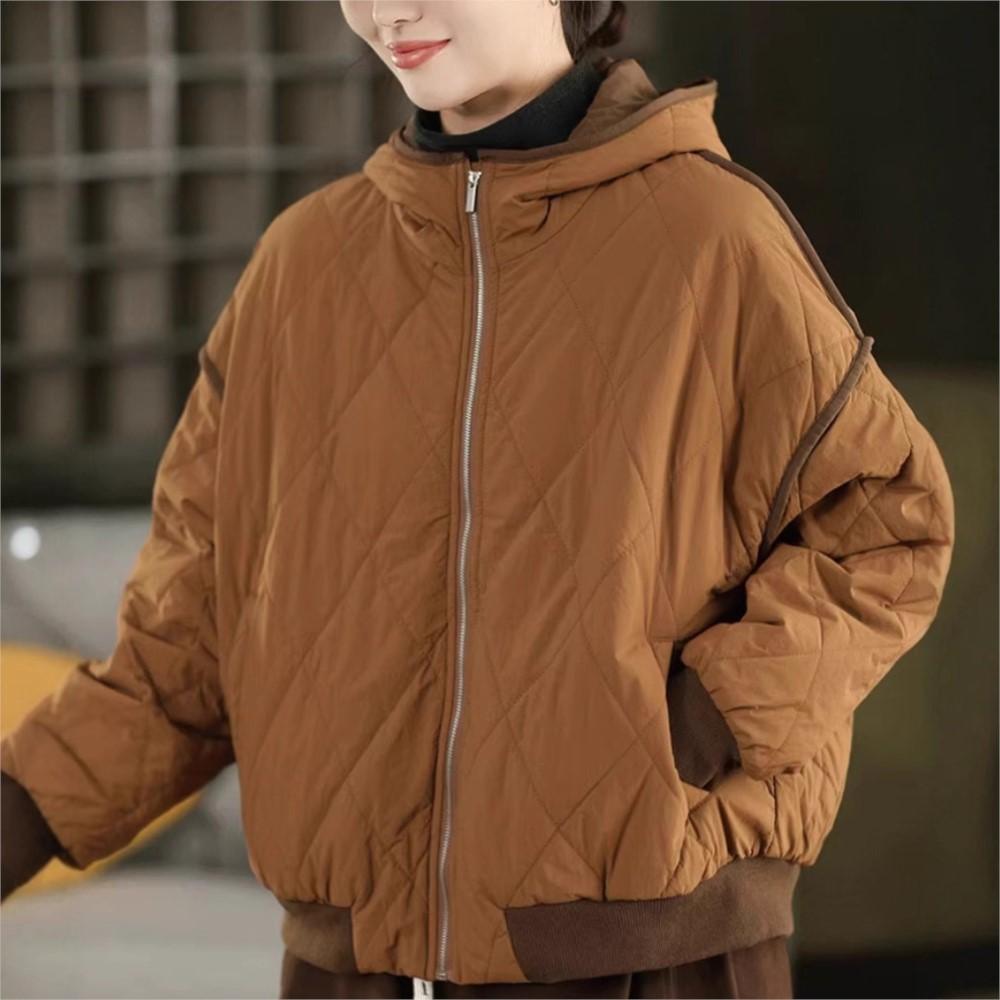 Johnature Women Vintage Winter Hooded Patchwork Coats Zipper Long Sleeve Warm Casual Female Coats