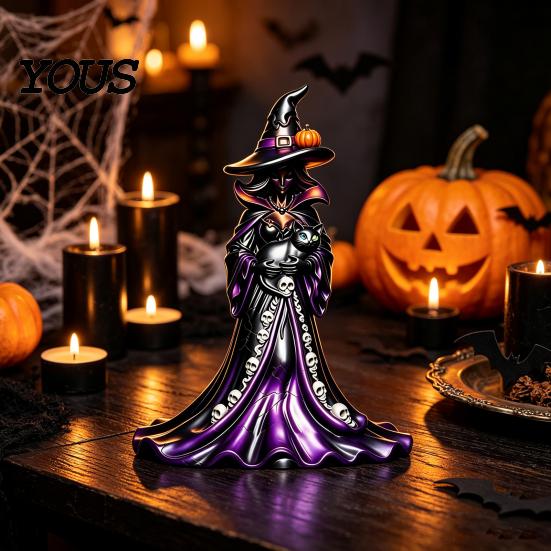 Black Cat Statue Halloween Witch Figurine, Resin with Pumpkin, Retro Figurine Sculpture, Gothic Tabletop Ornament for Party Display And Seasonal