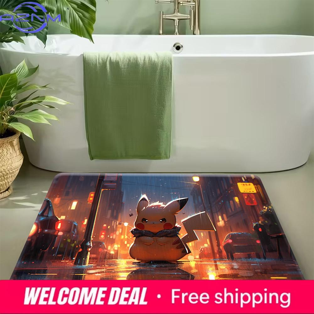 Pokemon Pikachu Night City Rain Print Non-Slip Doormat, Absorbent Floor Mat for Home Decor