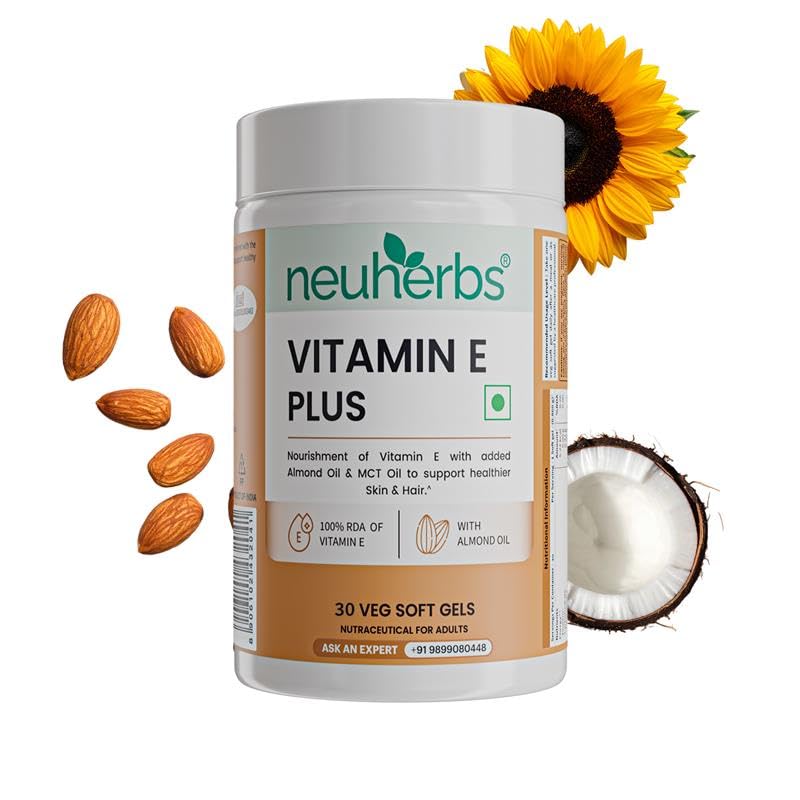 Neuherbs Vitamin E Plus Capsules for Skin & Hair | Plant-Based Vitamin E Supplement with Almond & Sunflower Oil | Supports Glowing Skin & Hair St