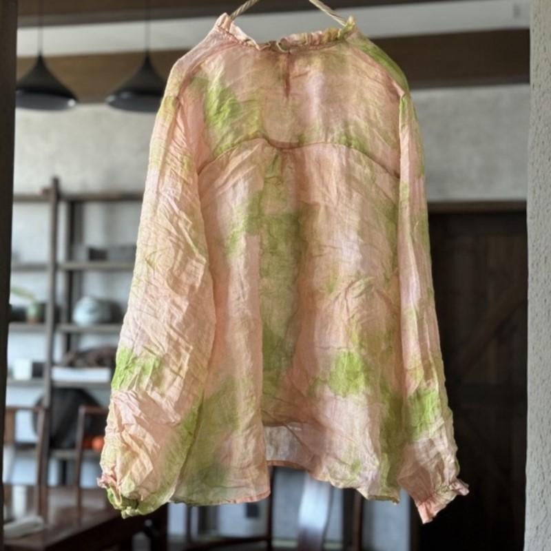 Johnature Damen Vintage Blusen Langarm Frühling O-Ausschnitt Hohe Qualität Damen Locker Geblümte Blusen