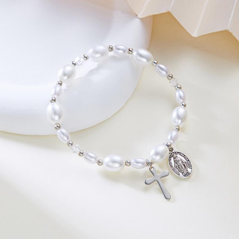 Elegant Imitation Pearls And Crucifix Bracelet Chain With Retro Design For Versatile Occasion Use Commute Casual Party