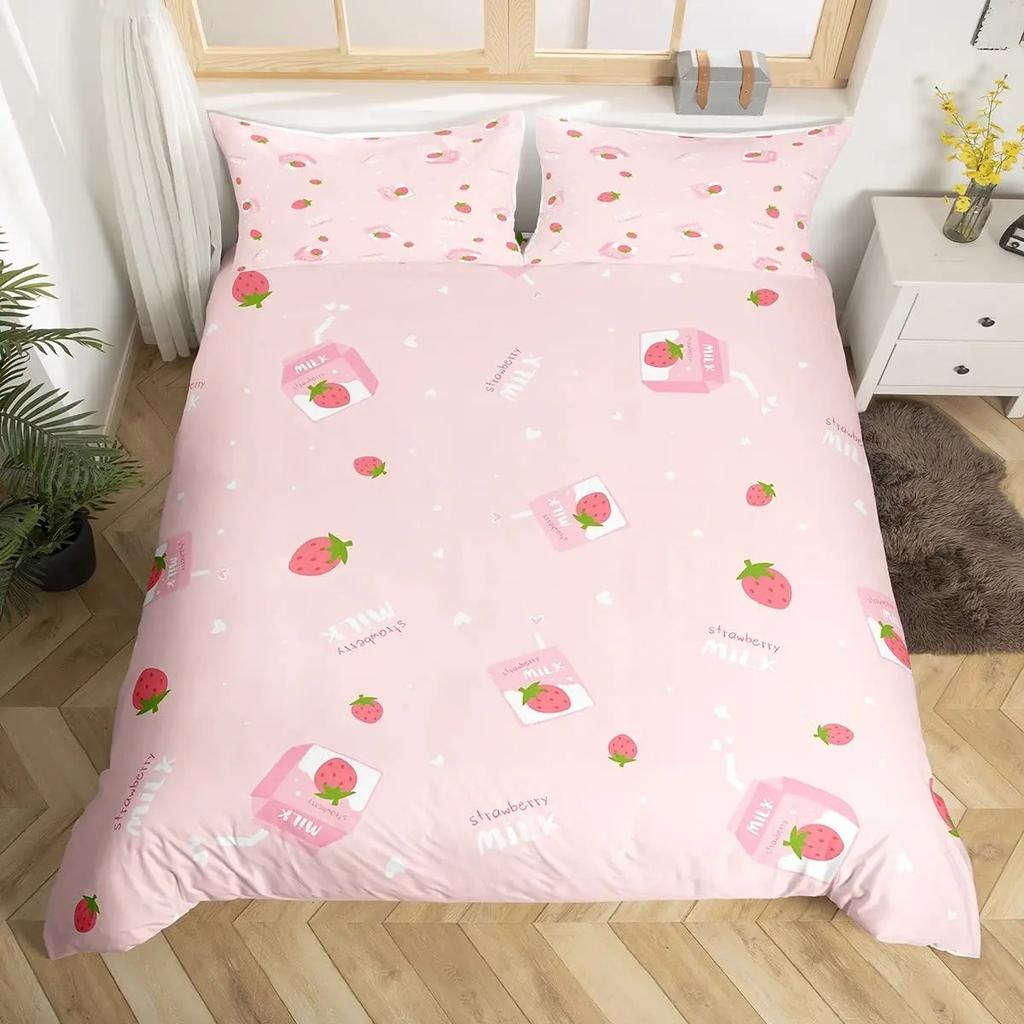 Sweet Strawberry Milk Duvet Cover King Queen Cute Bear Bedding Set Cartoon Fruits Animals Comforter Cover with 2 Pillowcases
