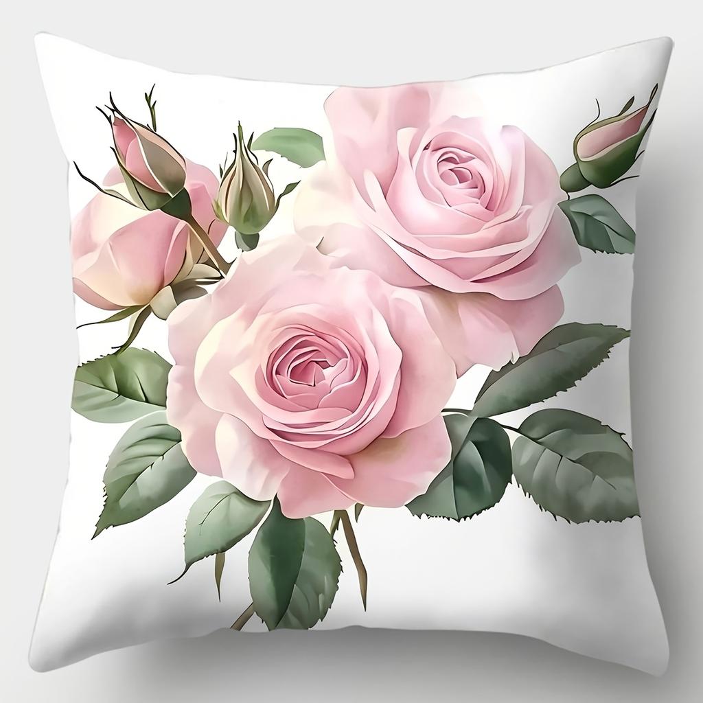 Elegant Pink Rose White Floral Pillow Covers Polyester Zip Closure Cushion Cover Contemporary Living Room Decorative Pillowcase