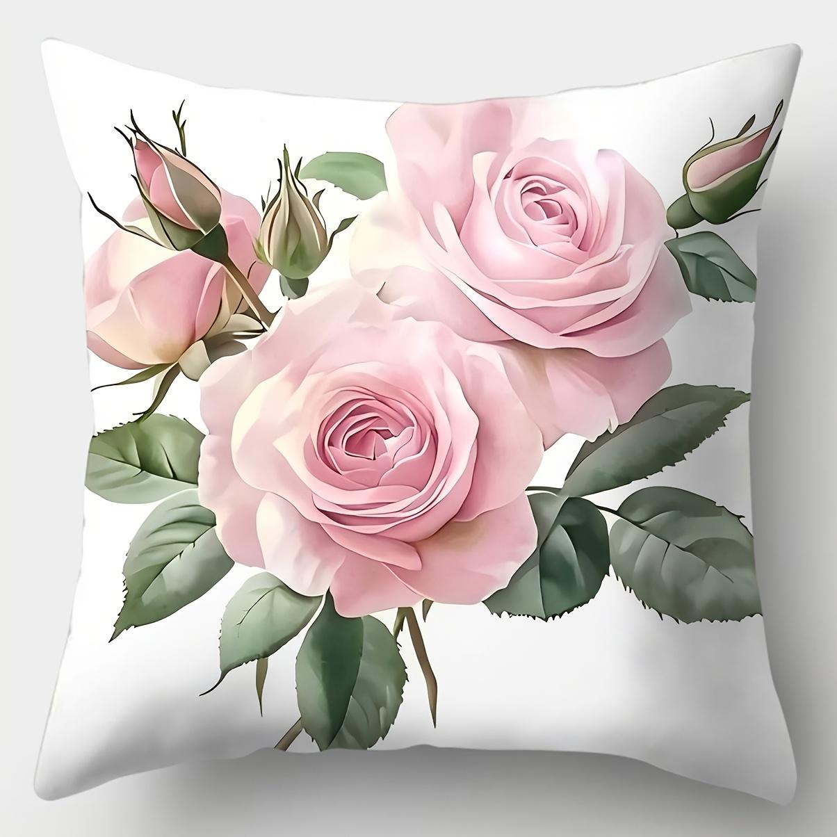 Elegante Roze Roos Witte Bloemen Kussenhoezen Polyester Rits Sluiting Kussenhoes Hedendaagse Woonkamer Decoratieve Kussenhoes 45x45cm