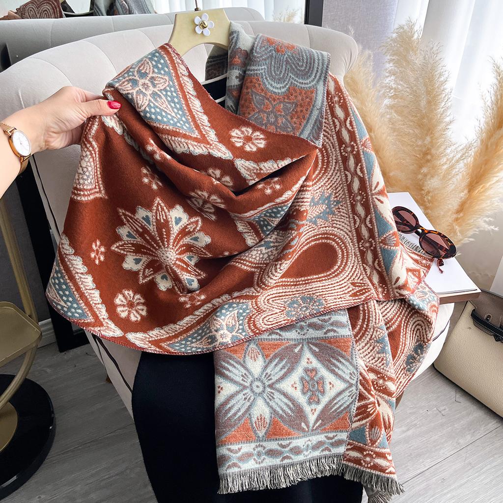 Women Two Sided Flower Print New Scarf Imitation Cashmere Soft Warm Pashmina Shawl Autumn Winter Coldproof Windproof Blanket