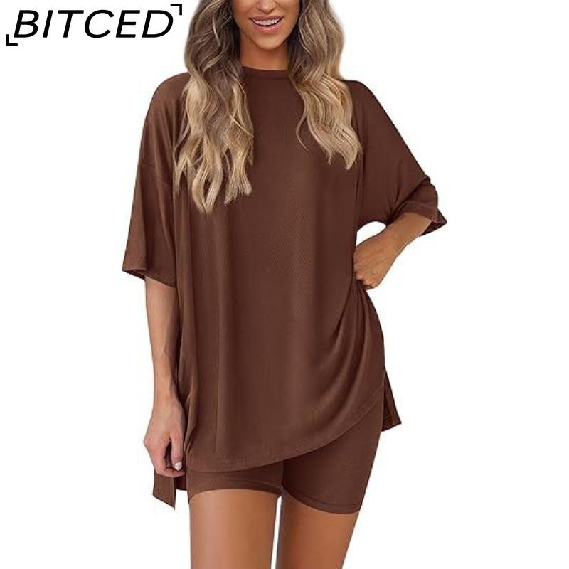 BITCED Women's Spring/Summer Loose-Fit Fashion Solid-Colour Casual Short-Sleeved Top and Shorts Two-Piece Set