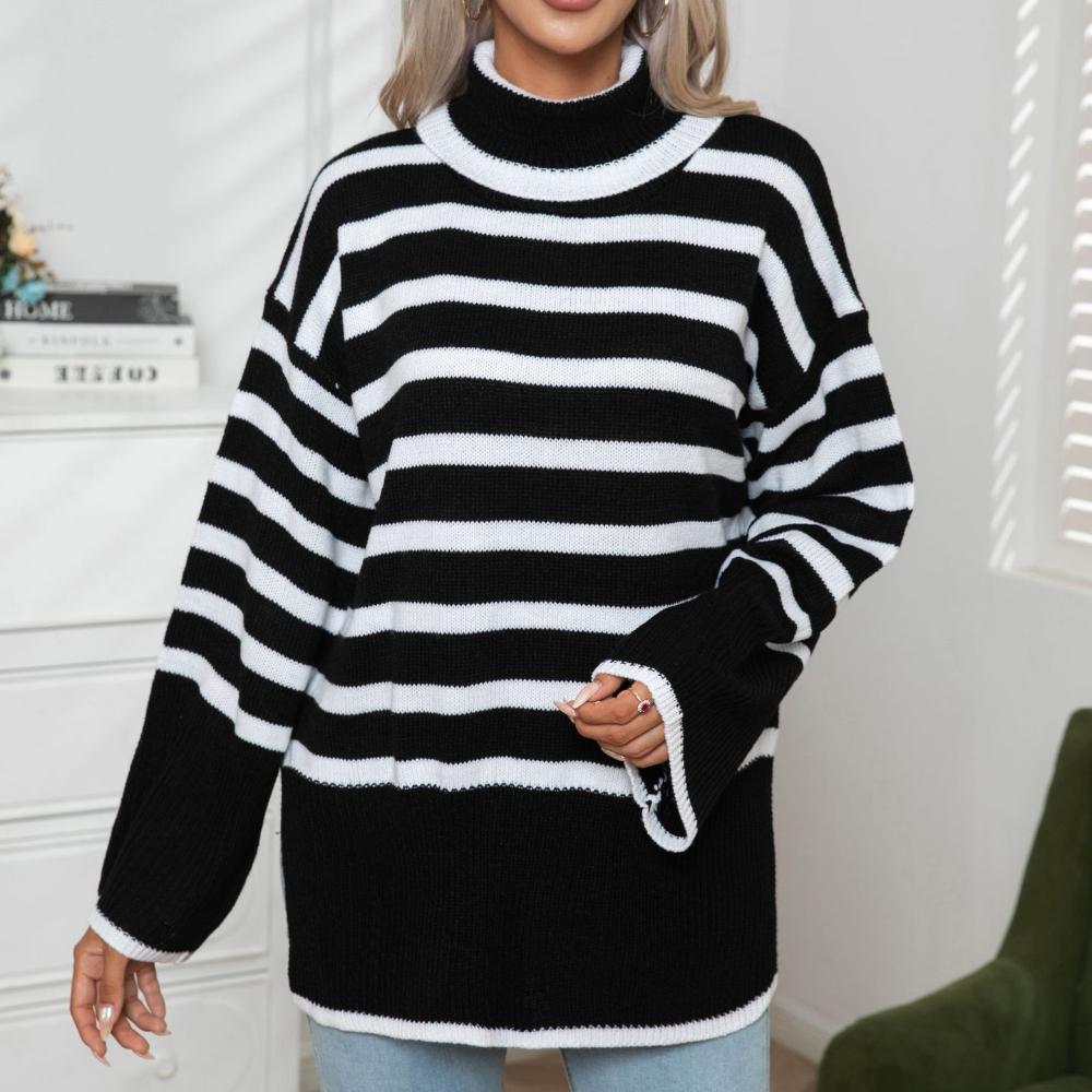 IHUASU Женский полосатый свитер средней длины с разрезом по бокам и высоким воротом — фото 4
