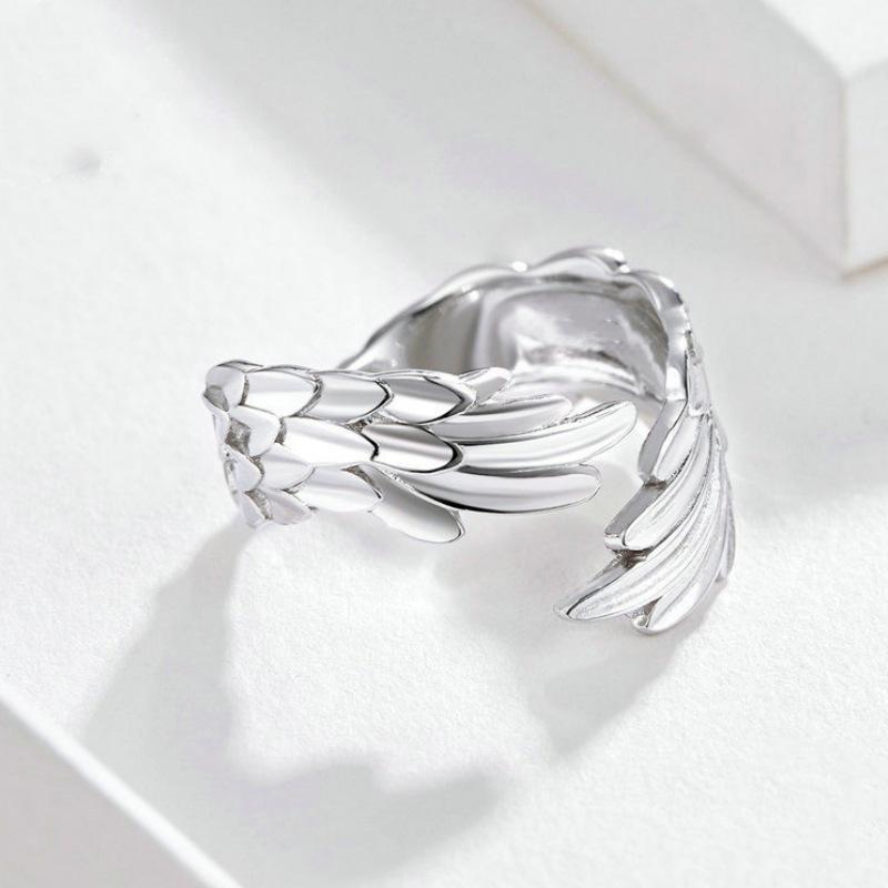 Yintai Fei Adjustable Unisex Thai Silver Feather Wing Ring - White Gold Plated Retro Style.