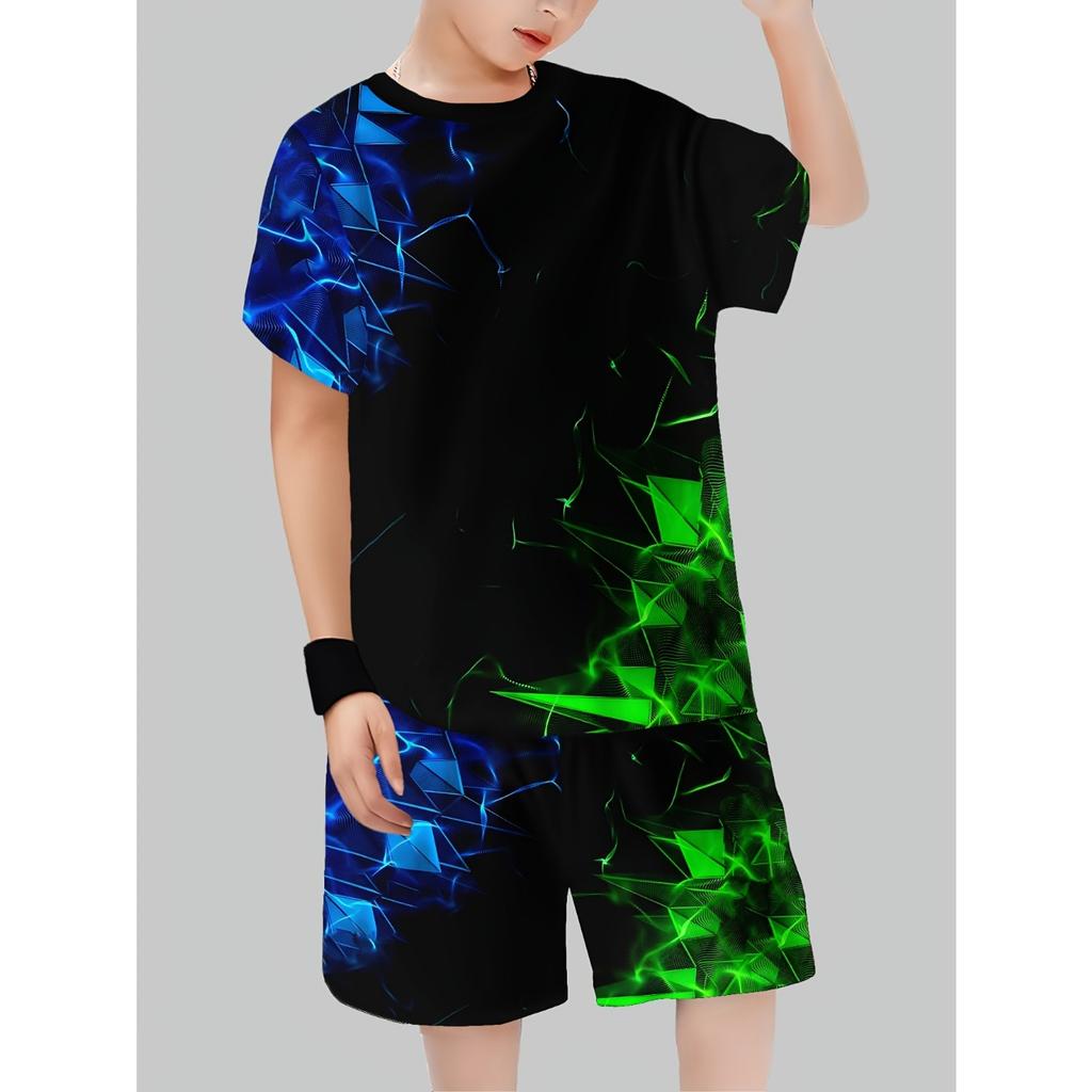 Boys' 3D Print Casual T-Shirt and Shorts Set - Black with Green Geometric Pattern, Short Sleeve
