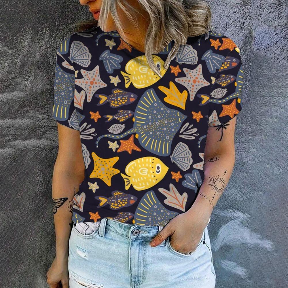 Women's T-Shirts Seahorse Fish Scallop 3D Print O-Neck Short Sleeve T Shirt Harajuku Tops Oversized Y2k Tees Female Clothing