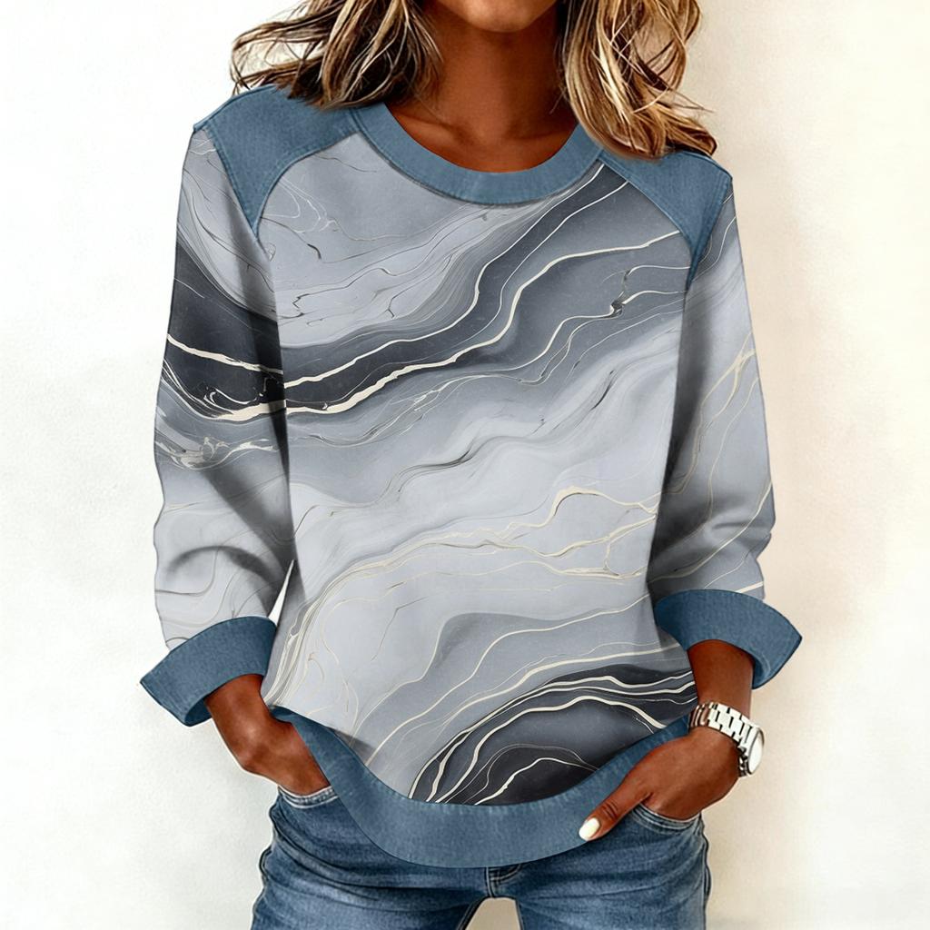 Damen Jeanskragen Patchwork Nähte Sweatshirt Lässig Pullover Langarmshirts