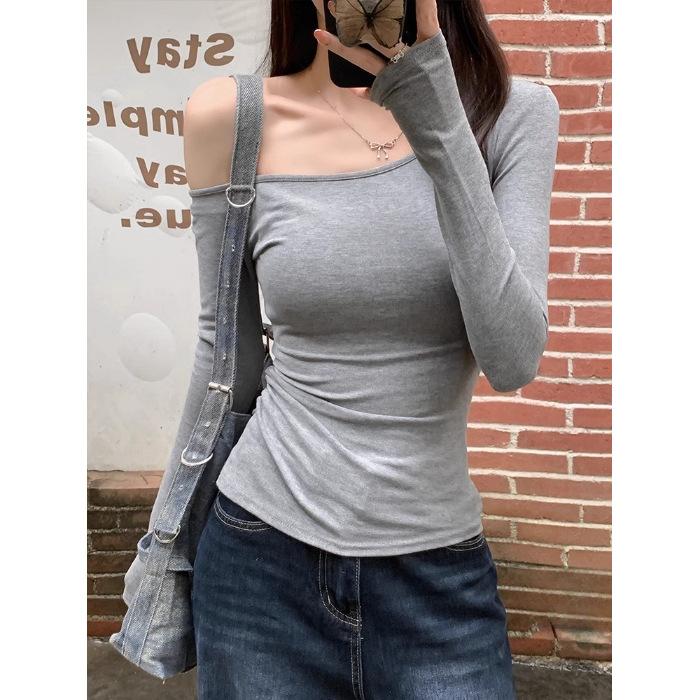 Threaded Early Autumn Sweet Spice Girl Slant Shoulder Long Sleeve T-Shirt Solid Color Slim Skinny Versatile Sexy Off-Shoulder Top, Female