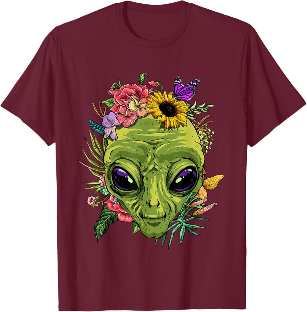 Alien mit Blumen Grafik-T-Shirt Herren Lässig Sommerausflug Rundhals-T-Shirt