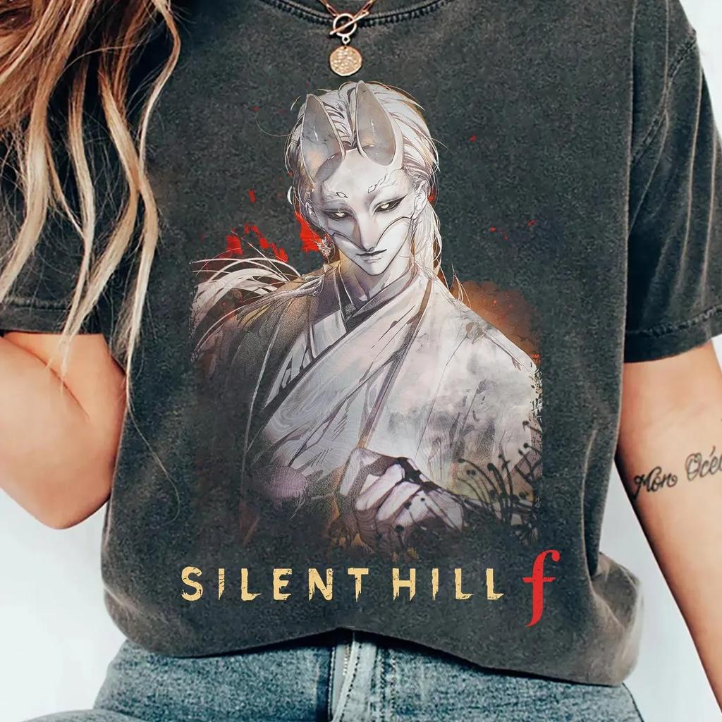 Classic Game Tees Vintage Washed Silent Hill F Horror GameGraphic Print Enthusiast Psychological Fans Tee Men Women Cotton Top
