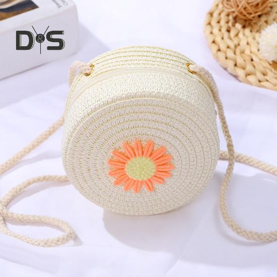 Umhängetasche für Kinder, Stroh, gewebtes Blumendekor, Umhängetasche im pastoralen Stil, Reißverschluss, verstellbarer Riemen, Schultertasche für den Alltag, Party, Arbeit, Dating