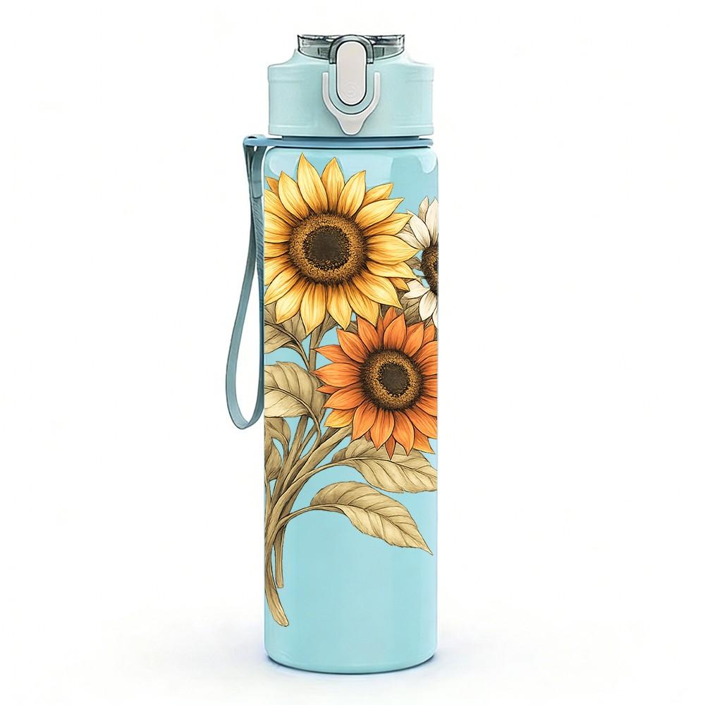 1PC Single Sunflower Watercolor Flower Print 750ml Color Plastic Sports Water Bottle Leakproof Flip Straw Lid Suitable for Sports Office Home Use