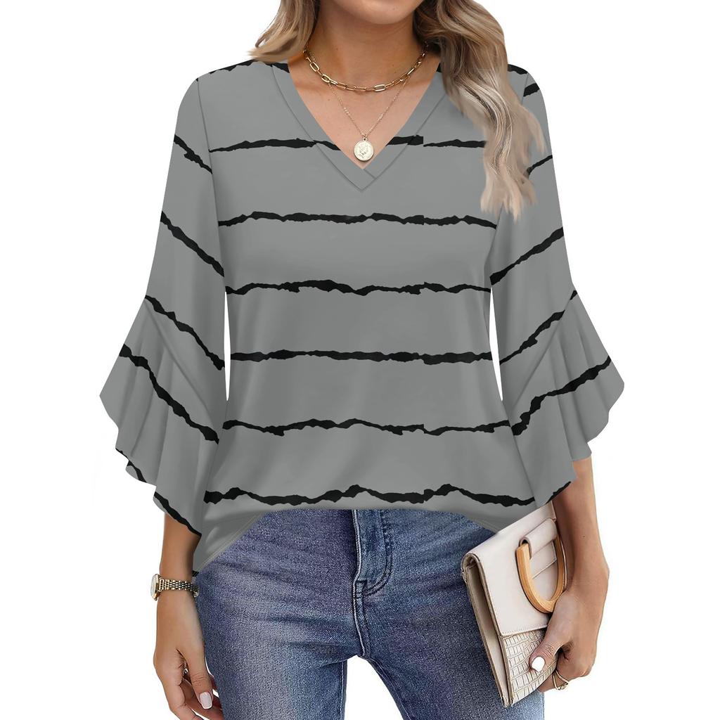 Blouses For Women Dressy Casual 3/4 Length Sleeve Womens Tops V Neck Tshirts Shirts With Flared Sleeve
