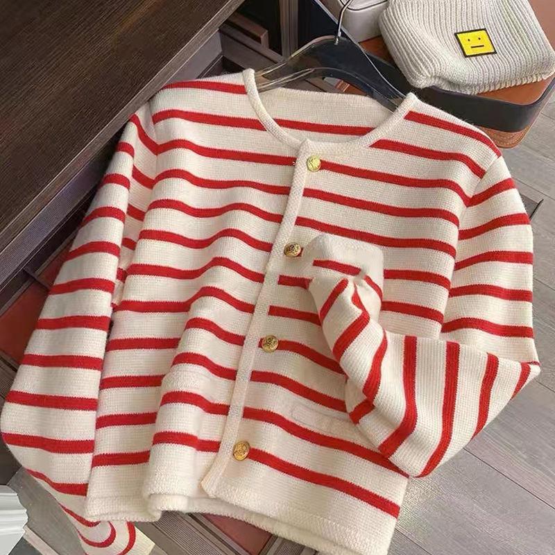 Original Niche Design Gold Button Striped Knitted Cardigan Women Knitted Sweater Casual Long Sleeved Sweater Cardigan Female Top