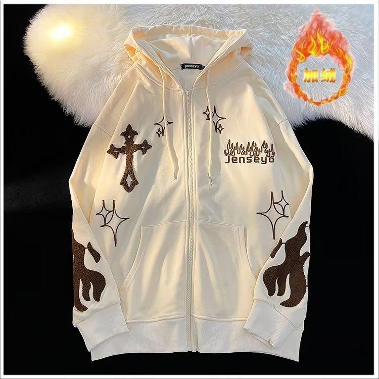 Men's Hooded Zip-Up Cardigan Sweatshirt with Cross & Flame Embroidery, Fleece-Lined, Trendy Loose Fit for Couples, Perfect for Spring and Autumn.