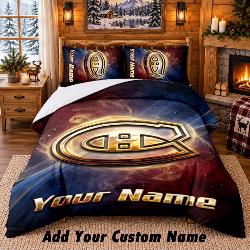 Montreal Canadiens Muster Bettwäsche 3-teiliges Set mit individuellem Namen, Bettlaken und Kissenbezügen für das Schlafzimmer zu Hause