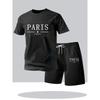 Herren Sommer T-Shirt und Shorts Set Lässige Entspannte Passform Sportliches Rundhals Kurzarm T-Shirt Paris Buchstaben Druck Zweiteiliges Set