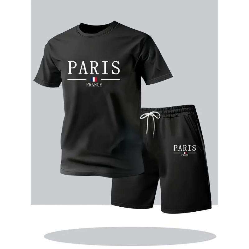 Herren Sommer T-Shirt und Shorts Set Lässige Entspannte Passform Sportliches Rundhals Kurzarm T-Shirt Paris Buchstaben Druck Zweiteiliges Set