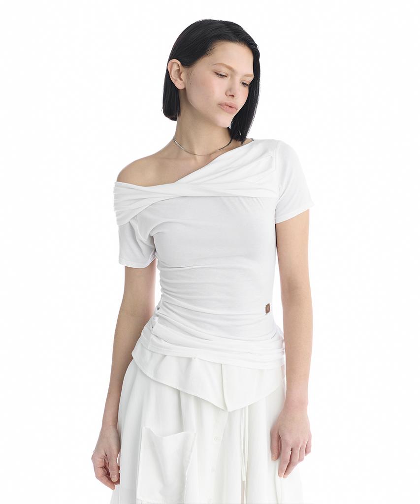 Teulimingbeodeu Twisted Overlay Off-Shoulder Top [ White ]