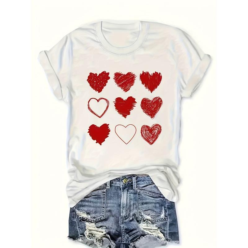Plus Size - Plus Size - A Casual Short-Sleeve Round-Neck Top with Nine Heart Patterns, Playful and Cute, Designed for Women