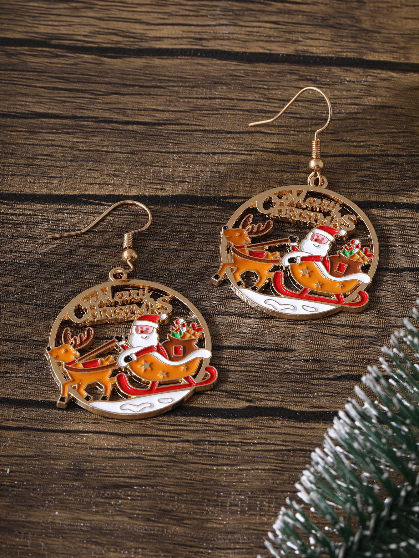 

Snowman & Santa Claus Christmas-Themed Golden Round Dangle Earrings