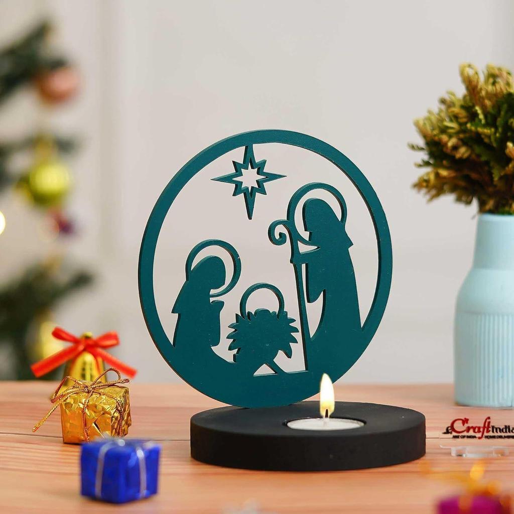 Nativity Scene Holy Family Jesus Birth Decorative Tea Light Candle Holder (Wooden Green)| Christmas Decoration Items for Home Office