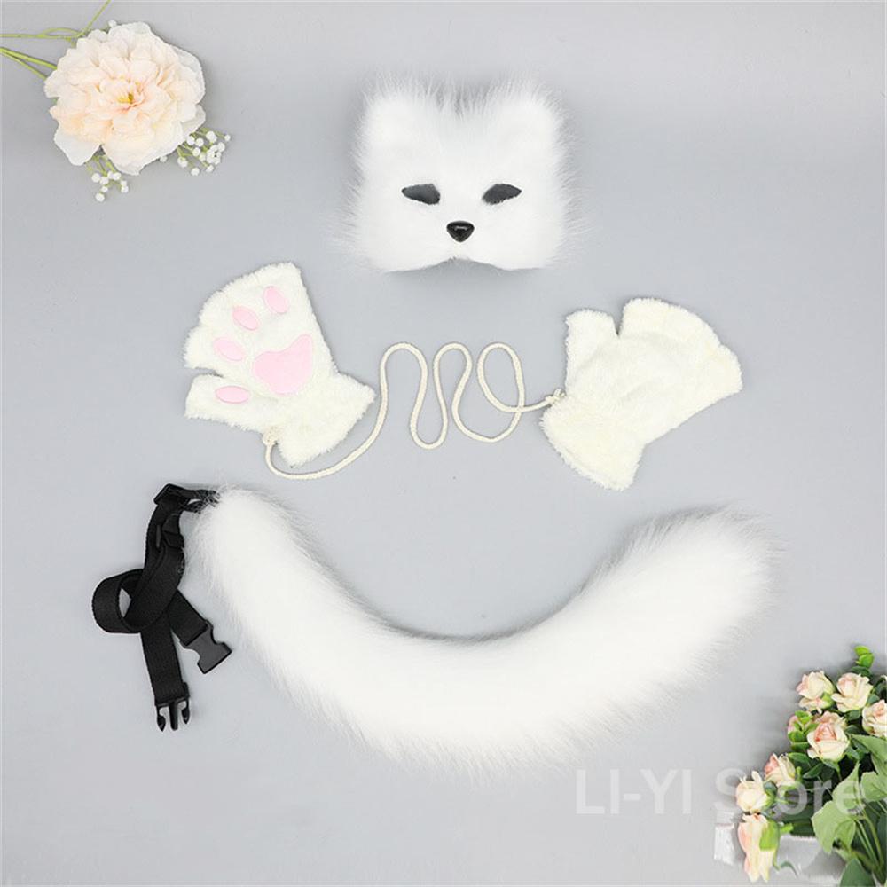 Cute Plush Fingerless Gloves Animal Faux Fur Fox Tail Mask Set Cosplay Accessories Plush Mask Fox Tail Gloves Cosplay Party
