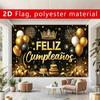 2D Spanish Happy Birthday Backdrop, Black Gold Balloon & Crown Banner, Fiesta Party Decor