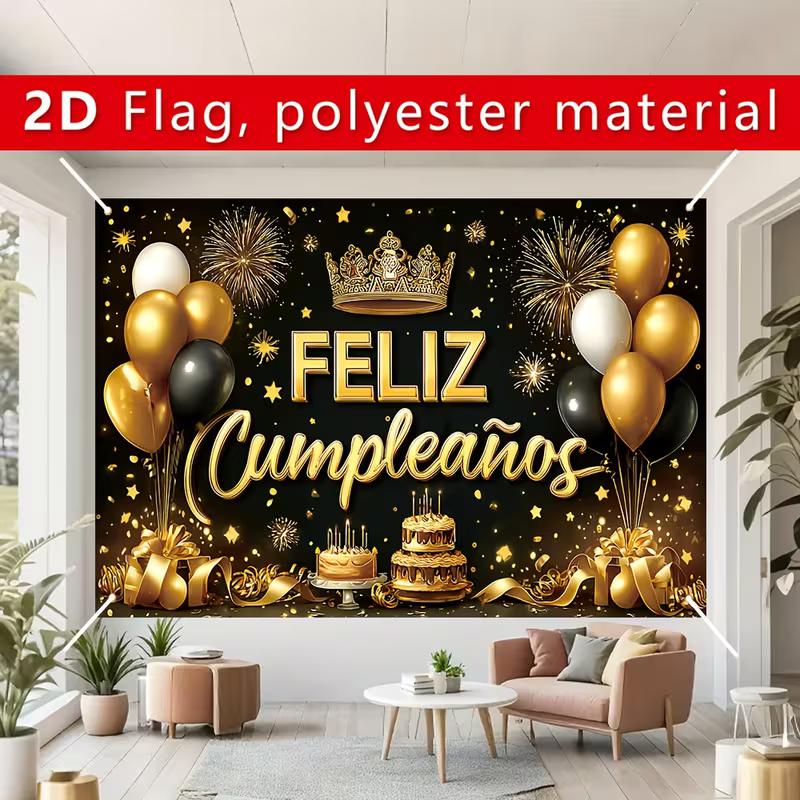 2D Spanish Happy Birthday Backdrop, Black Gold Balloon & Crown Banner, Fiesta Party Decor