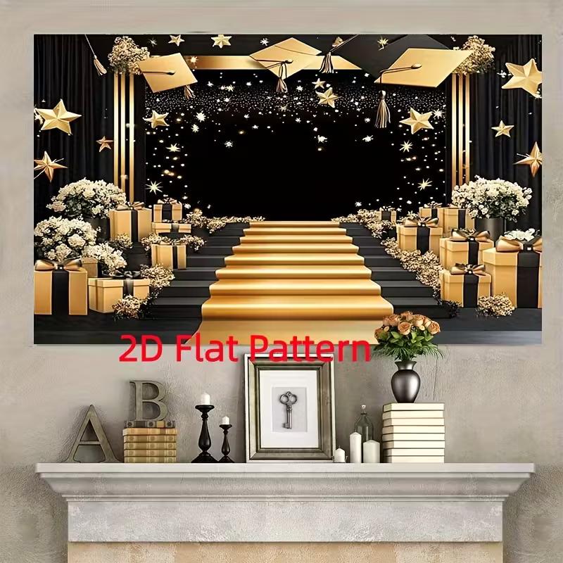 2D Elegant Graduation Backdrop, Black Gold Theme with Golden Stairs for Prom and Events