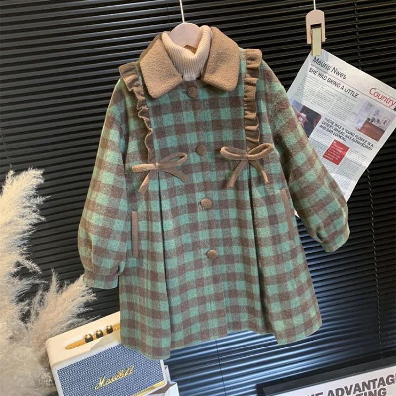 Cappotto di lana vintage da bambina, Autunno e Inverno Bambini Larga Scozzese Principessa Imbottito in Cotone Cappotto di Lana
