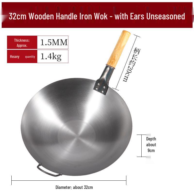 Old-Fashioned Lightweight Cast Iron Wok with Solid Beech Wood Handle, Non-Stick Coating for Home and Commercial Use. Beech Wood Handle