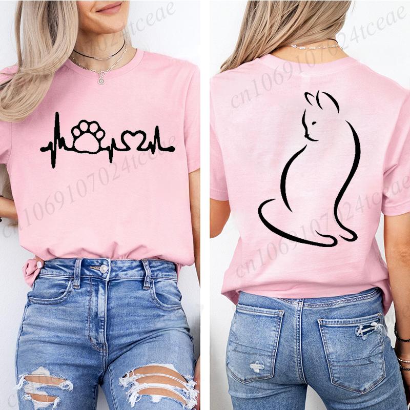 Women Y2k Grunge T-Shirts 2000s Vinage Cat Heartbeat Print T-Shirt Aesthetics Harajuku Round Neck Tops Street Fashion Streetwear