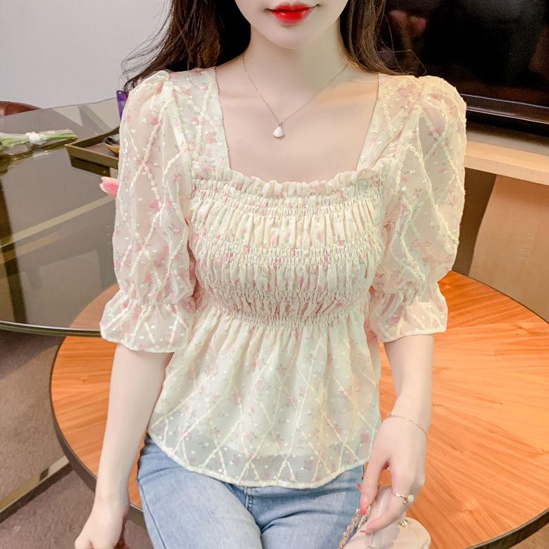 

Квадратный вырез без спинки, короткий рукав с принтом, стиль «чистое желание», чтобы вы выглядели стройнее и скрывали полноту, рукава-фонарики S