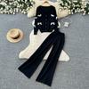 Autumn Winter Sweet Bow Jacquard Sweater and Pants Two-Piece Set Women's Knitted Cardigan High-Waisted Wide-Leg Pants Suits