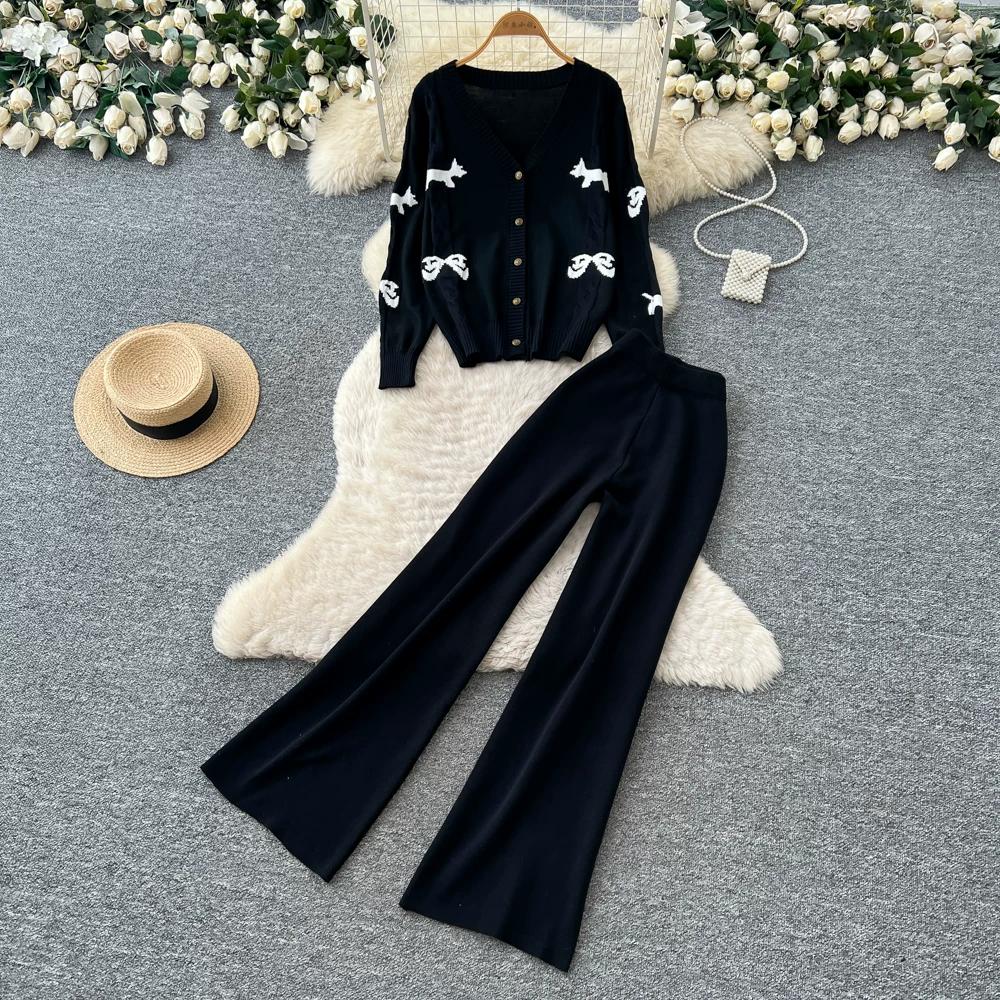 Autumn Winter Sweet Bow Jacquard Sweater and Pants Two-Piece Set Women's Knitted Cardigan High-Waisted Wide-Leg Pants Suits