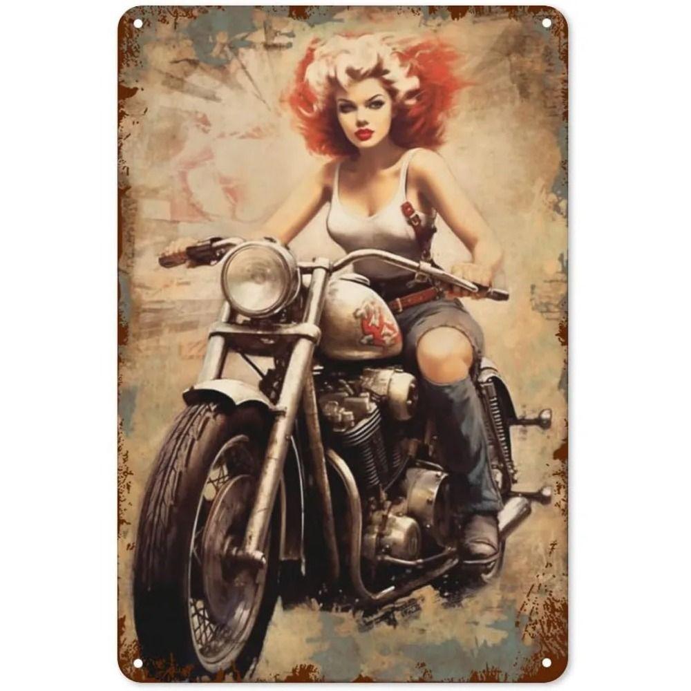 Vintage Motorcycle Girls Metal Tin Sign Garage Bar Decor