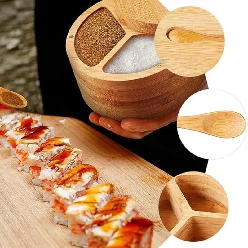 2026 Bamboo Salt Jar Kitchen Seasoning Bottle Kitchen Convenience Tools Circular Bamboo Seasoning Box Spice Rack