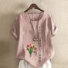 Women's Fashion Tulips Prined Short Sleeve T-shirt Loose Cotton Shirt Casual Loose Summer Blouse Tops Plus Size