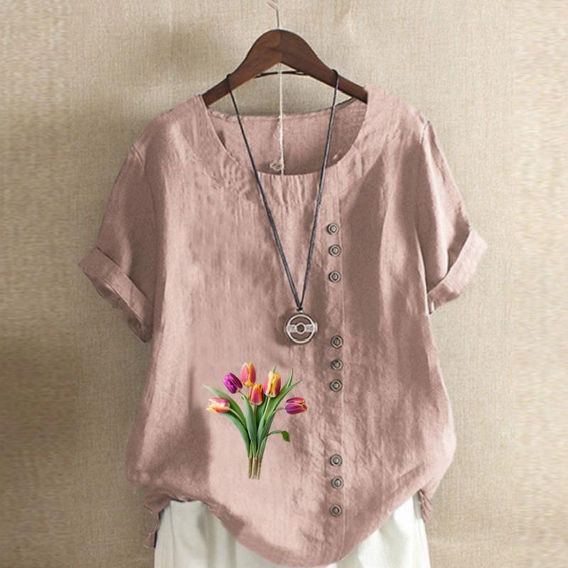 Women's Fashion Tulips Prined Short Sleeve T-shirt Loose Cotton Shirt Casual Loose Summer Blouse Tops Plus Size