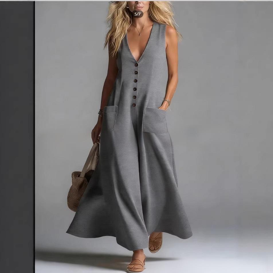 2026 Summer Women's V-Neck Solid Color Casual Dress with Pockets